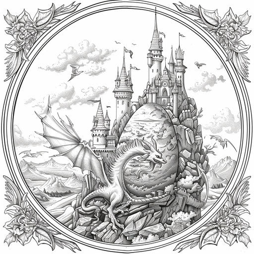 Mythical egg with dragon and castle designs, Spirin style, Coloring