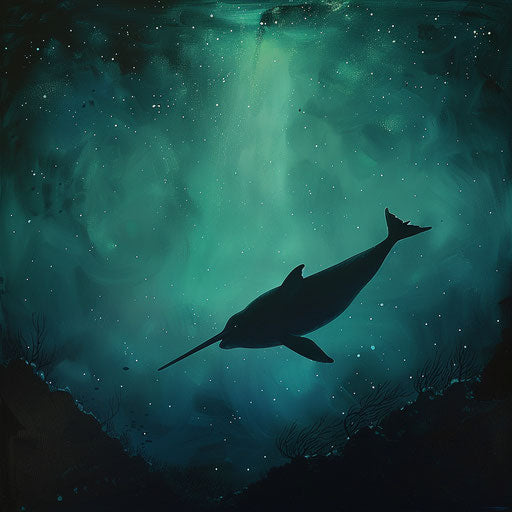 Narwhal silhouette against glowing plankton bloom background