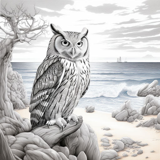 Owl on a deserted beach coloring page