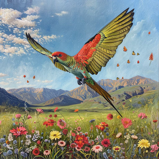 A swift parrot soaring above a wildflower meadow