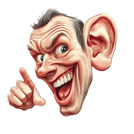 Humorous caricature of an ear with human characteristics and an exaggerated smiling mouth