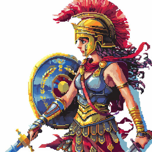 Athena in armor, a digital pixel art tattoo design, colorful and blocky on a plain white background.