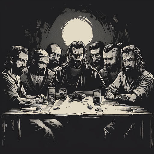 Flat tattoo Last Supper with dramatic shadows