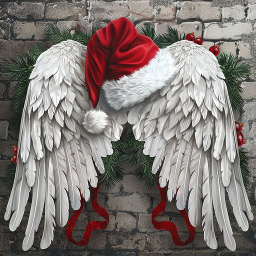 Merry Christmas and Happy New Year clipart in photo realistic style with a flat random background, monochrome palette and detailed wings