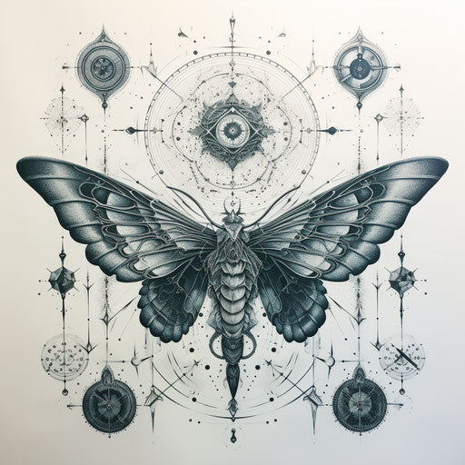Symbol of the moth and ancient solar system, in geometric style, black and white ink, symmetry and balance, intuitive gestures, symbolic nabis, aetherclockpunk, commission for