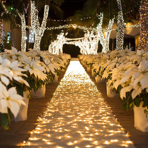 Winter wedding aisle with white poinsettias and fairy lights
