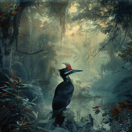 Ivory billed woodpecker in a surreal, dreamy forest landscape