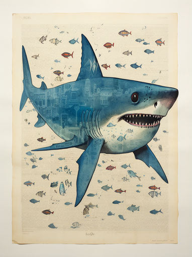 Giant blue shark in a humorous and artistic style