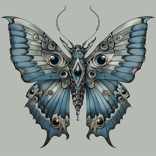 Dreamlike butterfly with eyes on wings, blues and silvers