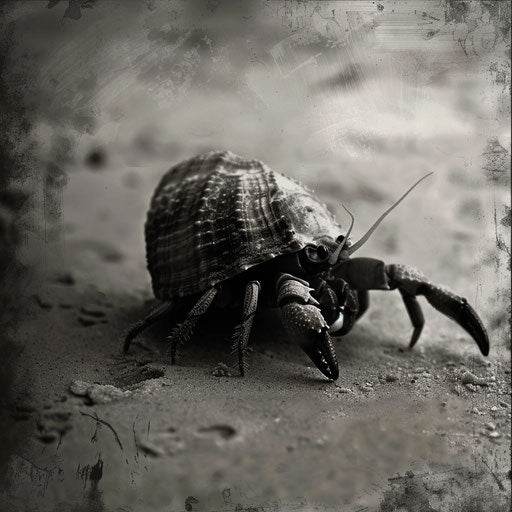 Hermit crab in a poetic black and white coastal scene