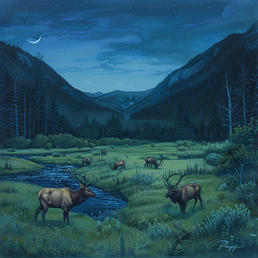 A group of deer grazing peacefully in a lush valley at dusk