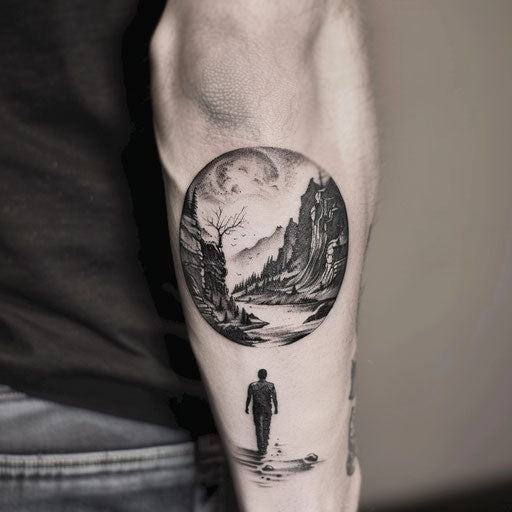 Men's forearm tattoo with surreal landscape
