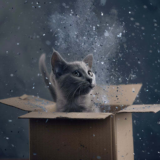 Gray cat in cardboard box, contained chaos