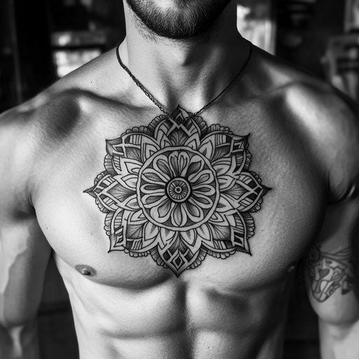 Male mandala tattoo featuring traditional floral motifs and detailed shading
