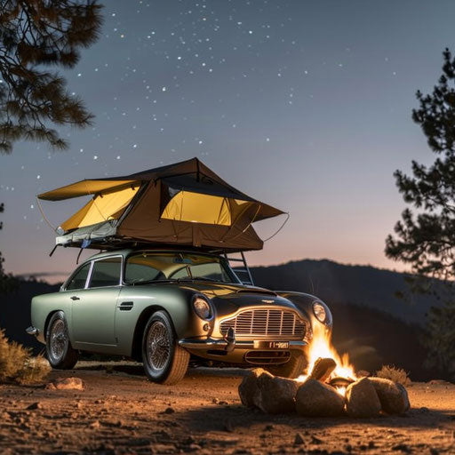 Aston Martin DB6 touring car with roof-top tent and overland gear, parked beside a campfire under the stars