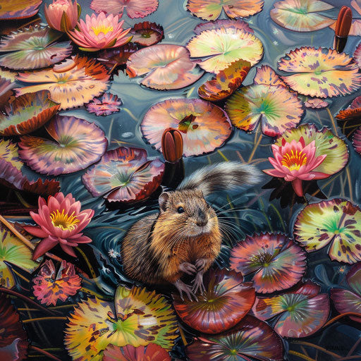 Muskrat amidst vibrant lily pads