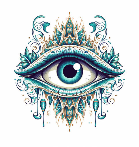 The eye of God in the lotus on a white background, light turquoise and dark navy style, gothic art, security camera