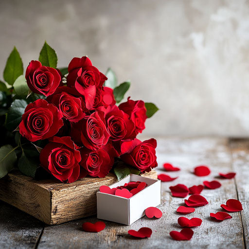 Bouquet of red roses with heart confetti on old wooden table