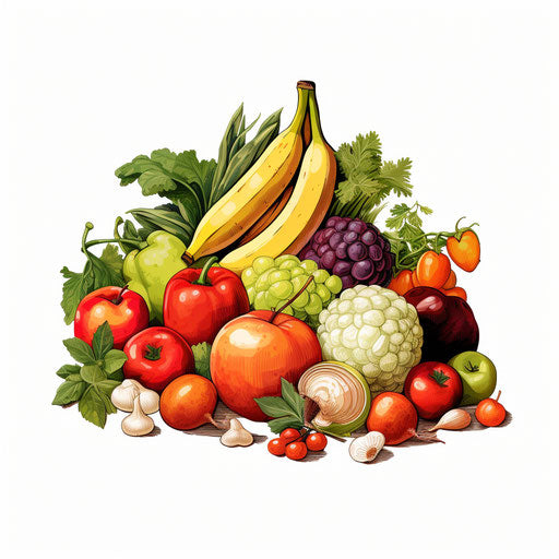 Fruits and vegetables illustrations in the style of chiaroscuro art