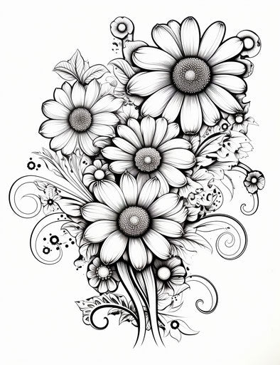 Black and white floral design drawing with flower, graceful and bold