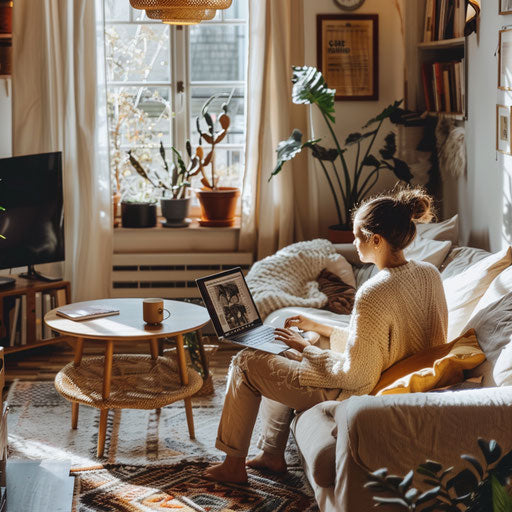 A digital nomad works on a laptop in a cozy living room with modern decor