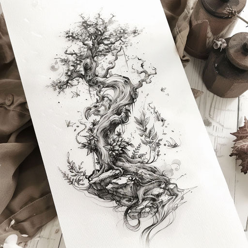 Fantasy forest tattoo illustration with magical creatures and ancient tree on white surface