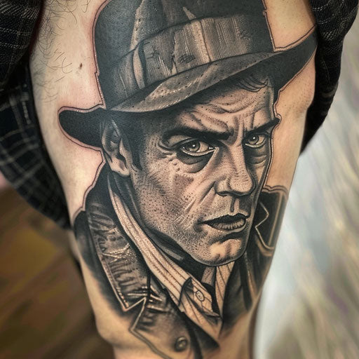 Gothic style tattoo of a 1920s gangster
