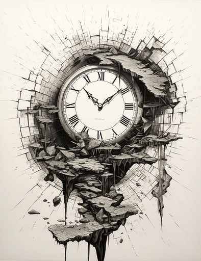 Broken clock in tattoo style, cracks, pale, monumentalism
