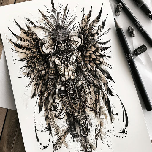 Tribal tattoo sketch of the angel of death with native patterns, earthy tones