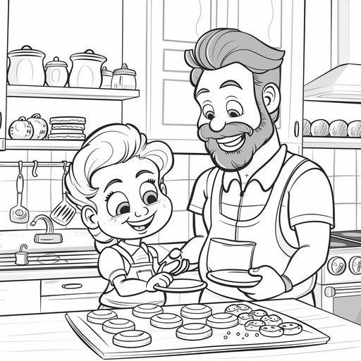 Dad and child baking cookies in the kitchen