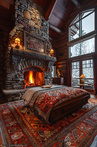 Spacious bedroom with stone fireplace in a mountain lodge