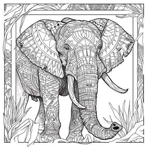 Detailed elephant with geometric patterns, coloring book page