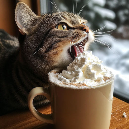 A cat sneaking a sip from a cup of hot cocoa left unattended on a coffee table, whipped cream on its whiskers