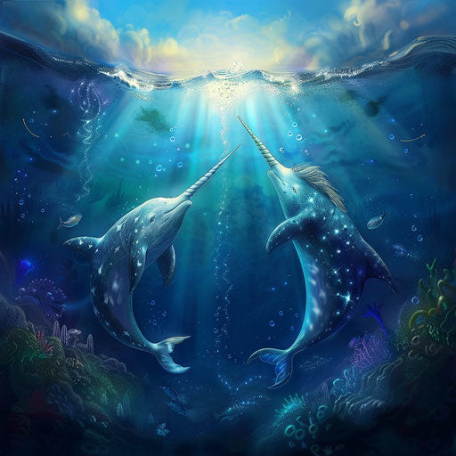 Meeting of a narwhal and a unicorn at the edge of dreams and reality
