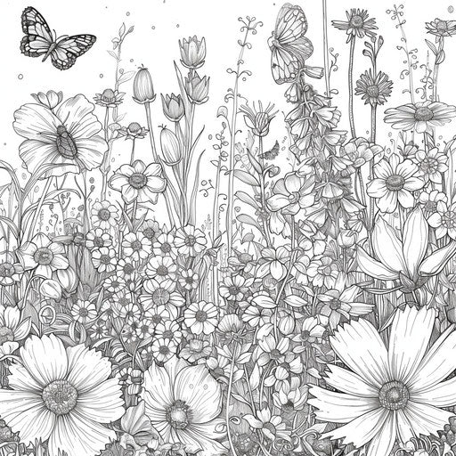 Detailed garden scene with blooming flowers and insects