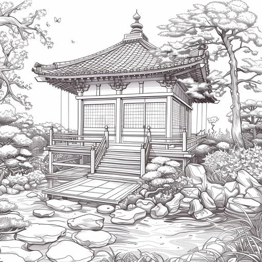 Japanese tea house surrounded by a serene garden