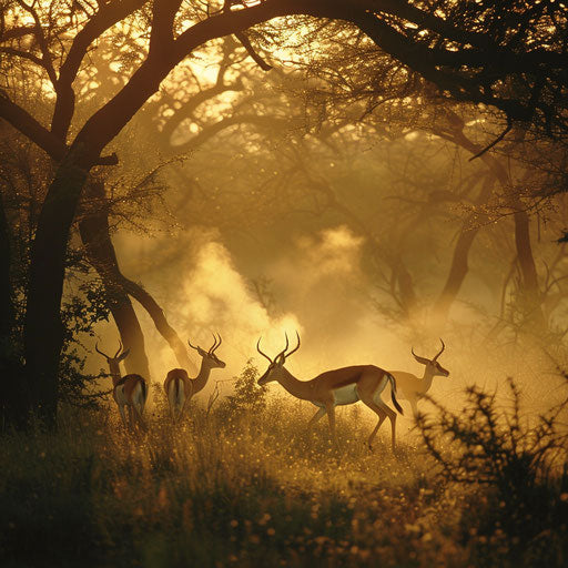 Gazelles in a misty morning forest