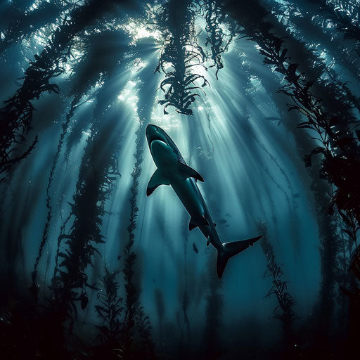Tiger shark in the shadows of the kelp forest