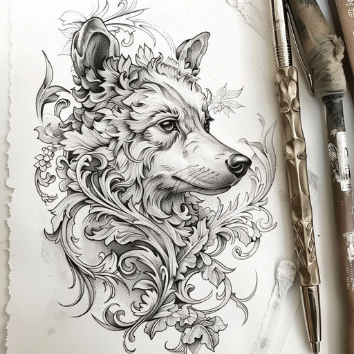 Baroque tattoo sketch of a wolf with ornate details and classic flourishes