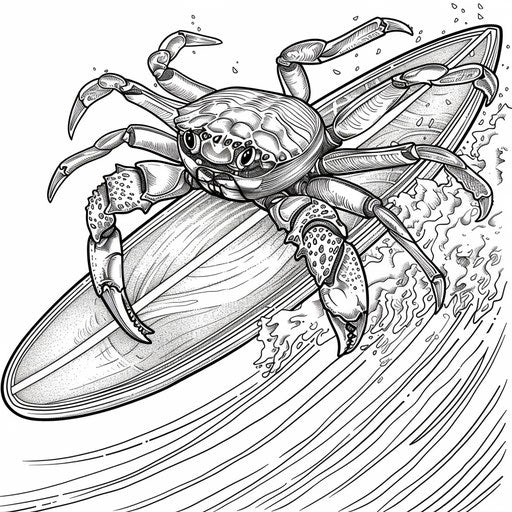 A whimsical crab riding a wave on a surfboard. Coloring page