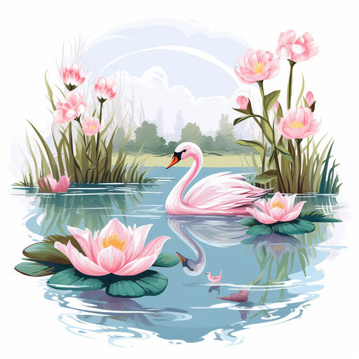 Illustration of pond in the style of Pastel Colors Art, on white background
