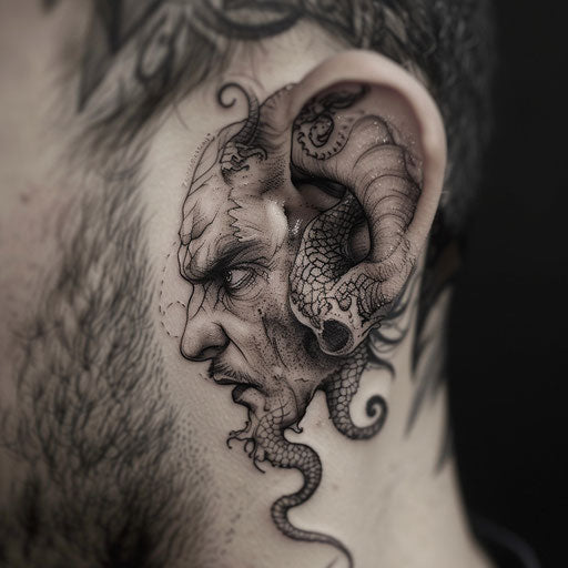 Ear tattoos with mythical creatures in the style of David Palumbo