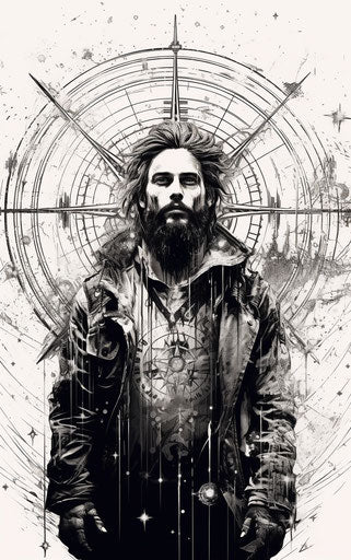 The man in starry space and the compass on the compass stock vector