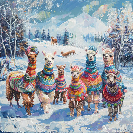 Alpacas in colorful sweaters in snowy landscape