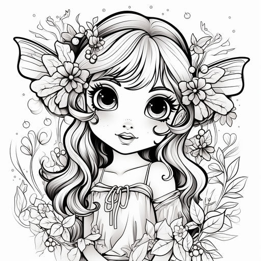 Fairies coloring book for kids, raw character style, RTX on, animation, kawaiipunk, full body, shiny, commission