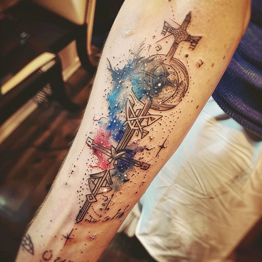 Galactic tattoo with Nordic mythology theme, runes and mythical creatures among stars, white background