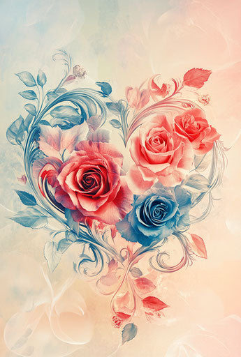 Valentine's Day vector illustration, heart-shaped roses and swirls in red, pink, blue, and cream colors