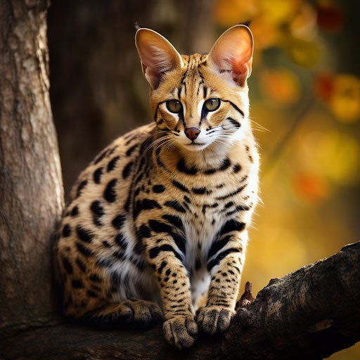 A serval cat lying on a tree branch