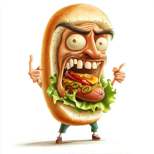 Humorous caricature of a hot dog caricature clipart with human characteristics, exaggerated dimpled chin, with fingers hands, carrying a bag, vibrant colors, cartoon style, angry, high-resolution, no background, isolated -c 40