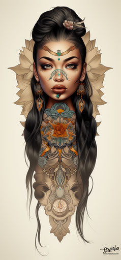 Tribal design with woman in hair, vintage charm style